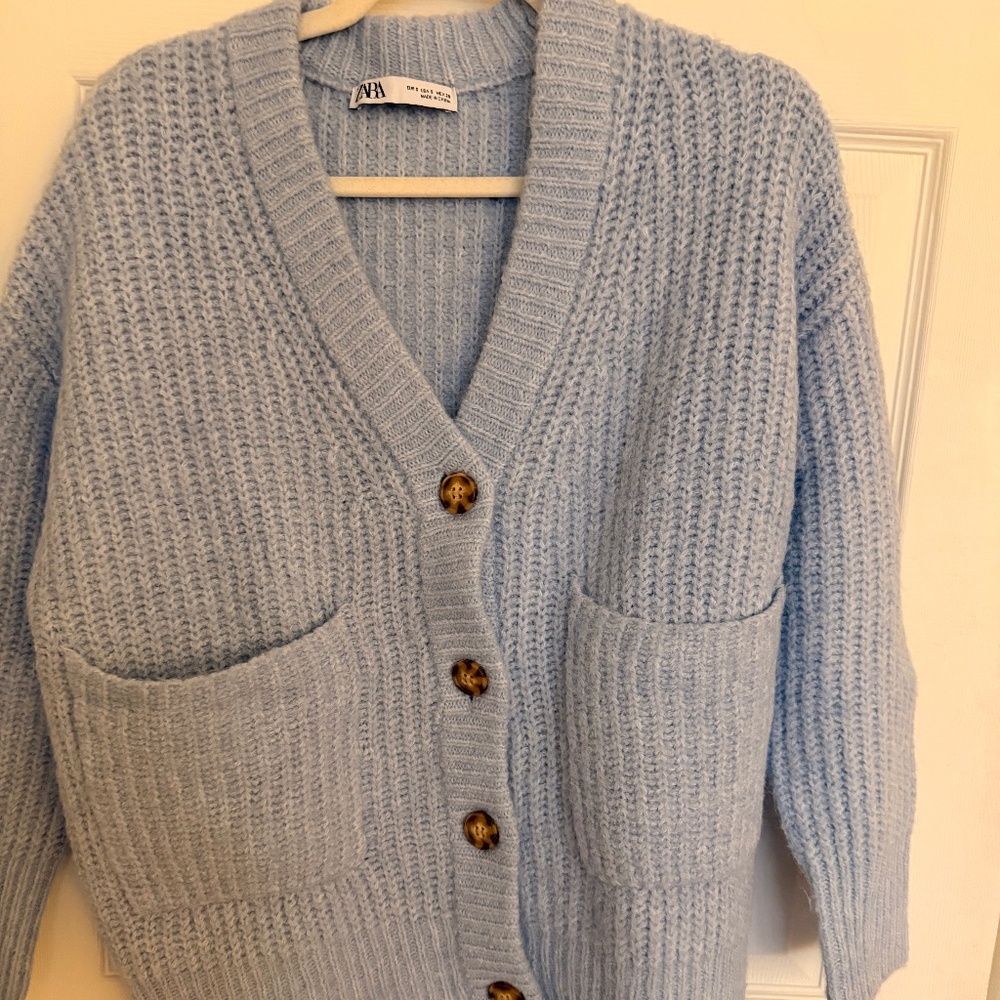 Zara Patch Pocket Knit Oversized Jacket cardigan in light blue.